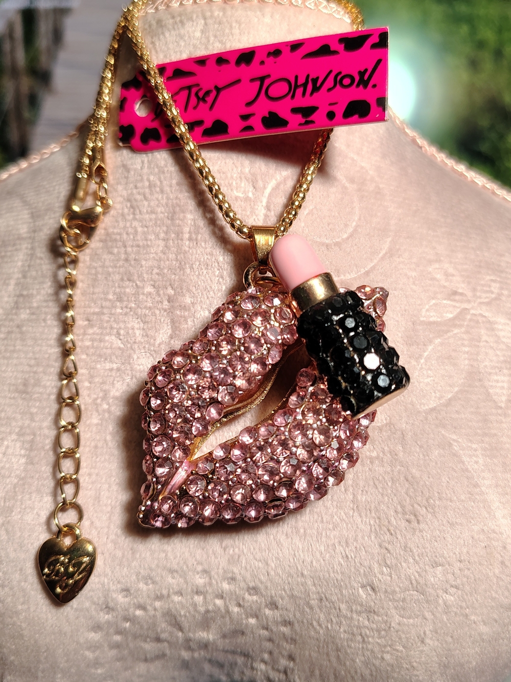 Betsey Johnson Gold Chain Pink Crystal Lip Pendant with Black Lipstick Charm